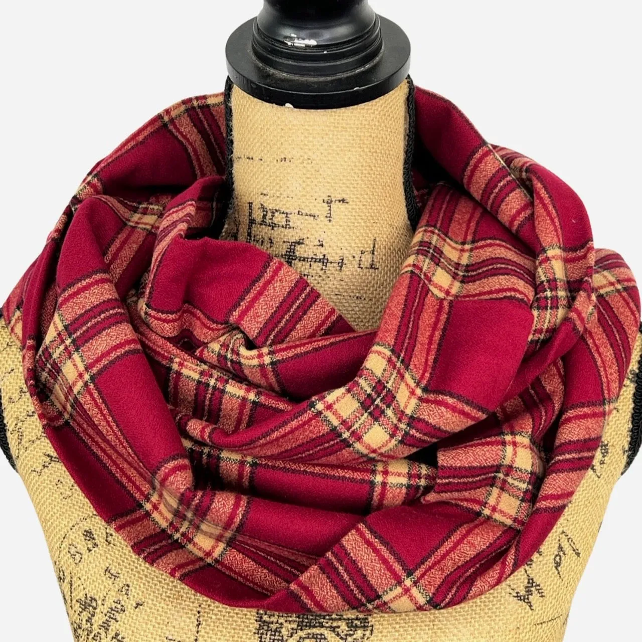 Tartan of Deep Berry Red, Tan and Black Luxe Collection Plaid Infinity and Blanket Scarves
