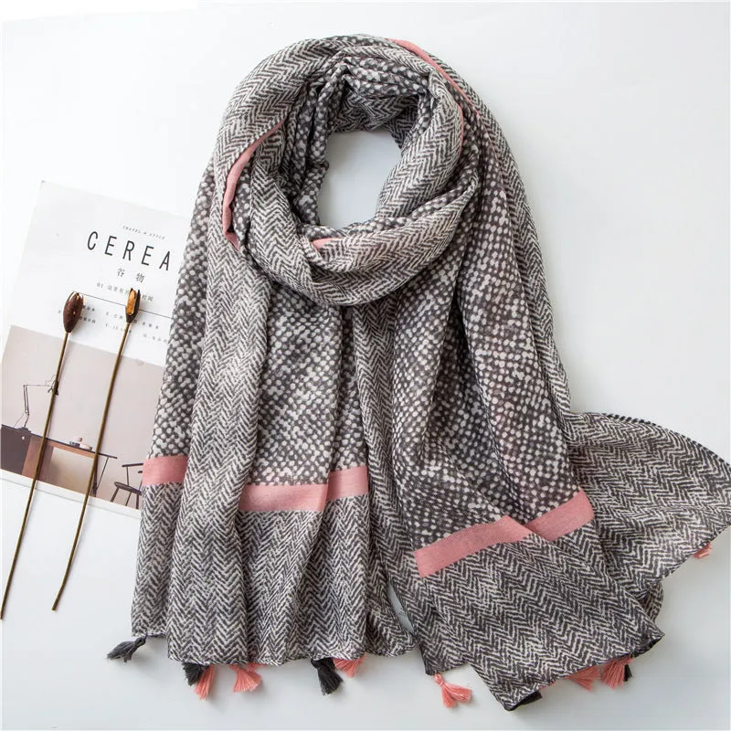 Tassel Grey Printed Cotton Scarf Shawl for Women Ladies Girls