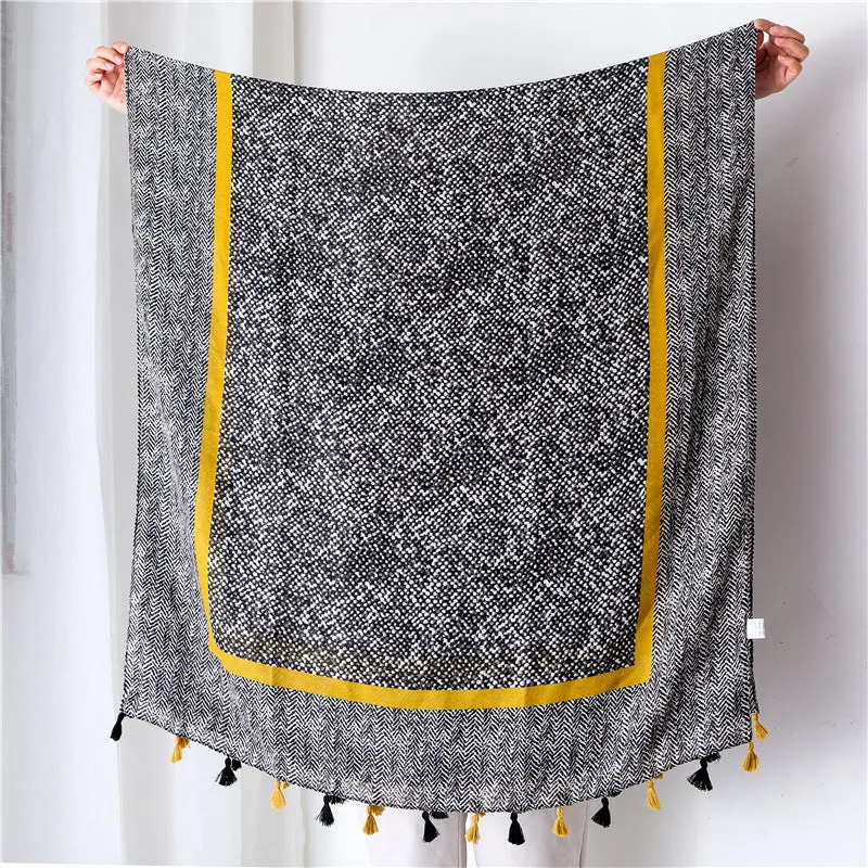 Tassel Grey Printed Cotton Scarf Shawl for Women Ladies Girls