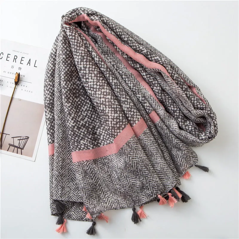 Tassel Grey Printed Cotton Scarf Shawl for Women Ladies Girls