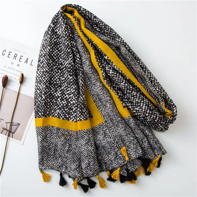 Tassel Grey Printed Cotton Scarf Shawl for Women Ladies Girls