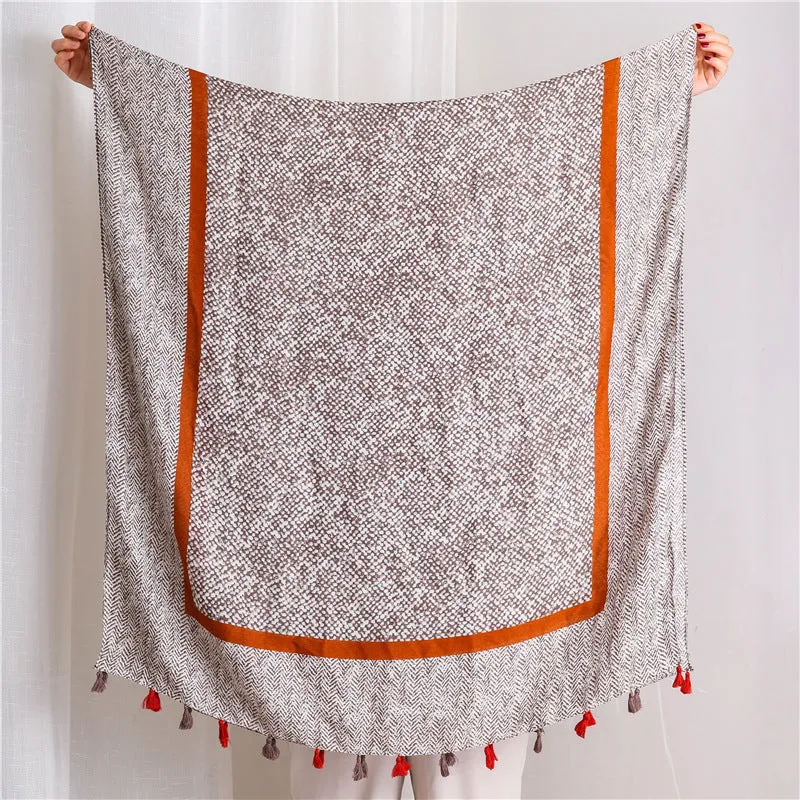 Tassel Grey Printed Cotton Scarf Shawl for Women Ladies Girls