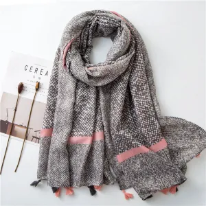 Tassel Grey Printed Cotton Scarf Shawl for Women Ladies Girls