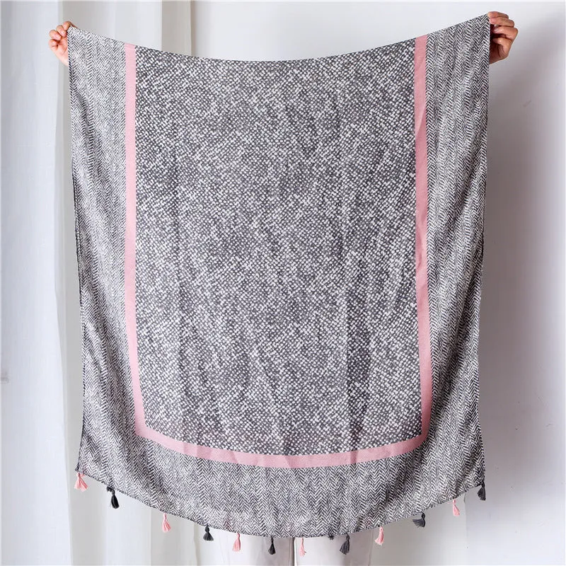 Tassel Grey Printed Cotton Scarf Shawl for Women Ladies Girls