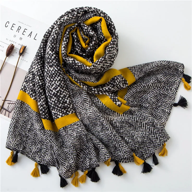 Tassel Grey Printed Cotton Scarf Shawl for Women Ladies Girls