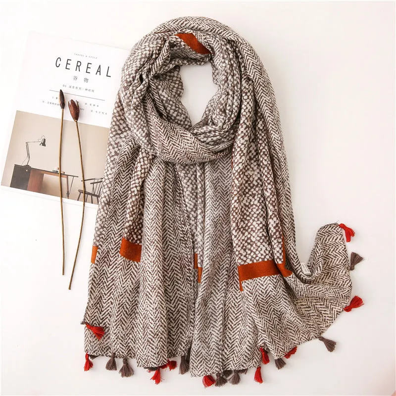 Tassel Grey Printed Cotton Scarf Shawl for Women Ladies Girls