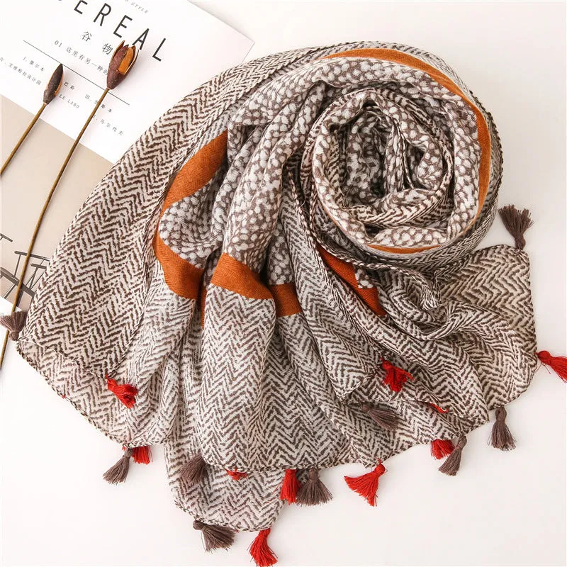 Tassel Grey Printed Cotton Scarf Shawl for Women Ladies Girls