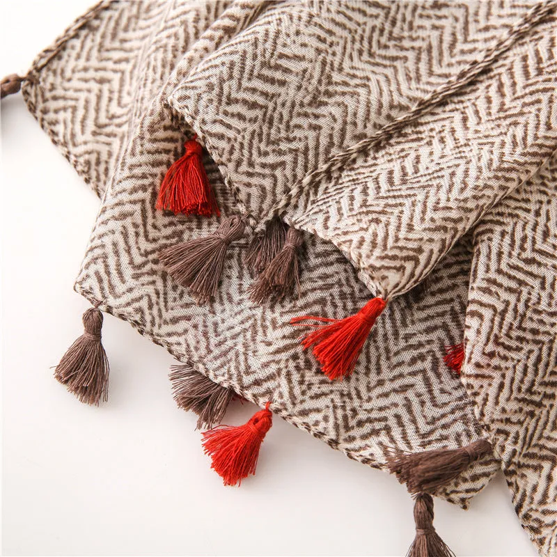 Tassel Grey Printed Cotton Scarf Shawl for Women Ladies Girls