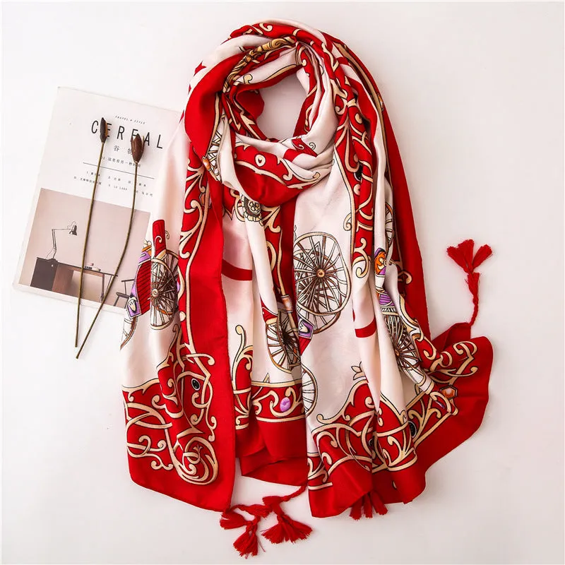 Tassel Printed Twill Scarf Shawl for Women Ladies Girls