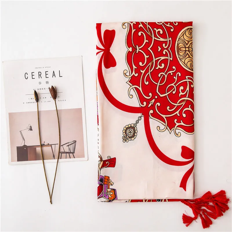 Tassel Printed Twill Scarf Shawl for Women Ladies Girls