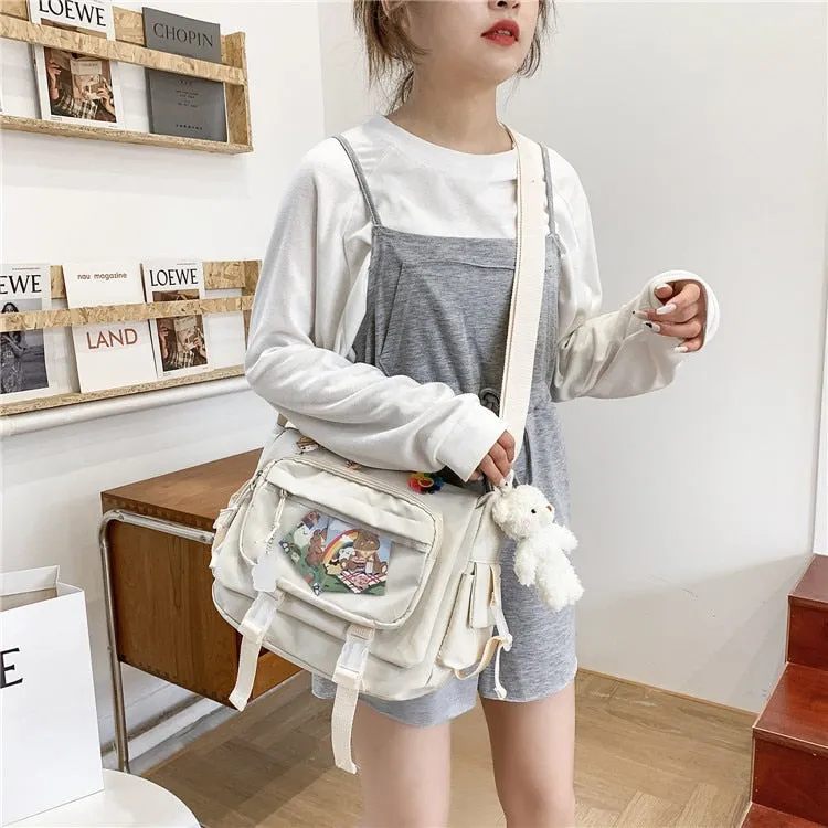 themeisles  Korean Student Preppy Style Messenger Bag Large-capacity Shoulder Bag Women Nylon Bag Transparent Pocket Crossbody Bag Satchels