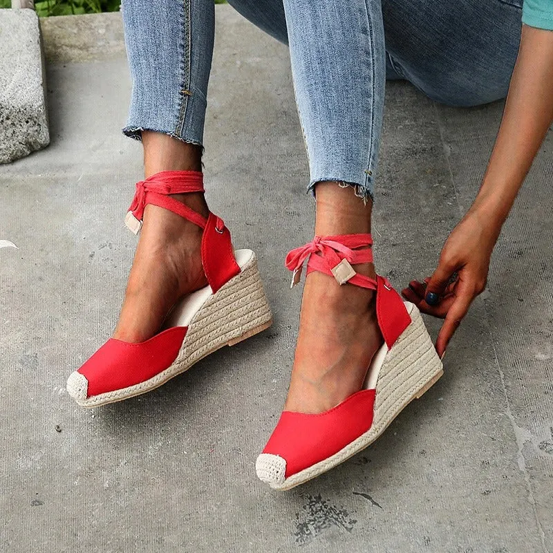 Tie-Up Lace Wedge Sandals with Espadrille Heel
