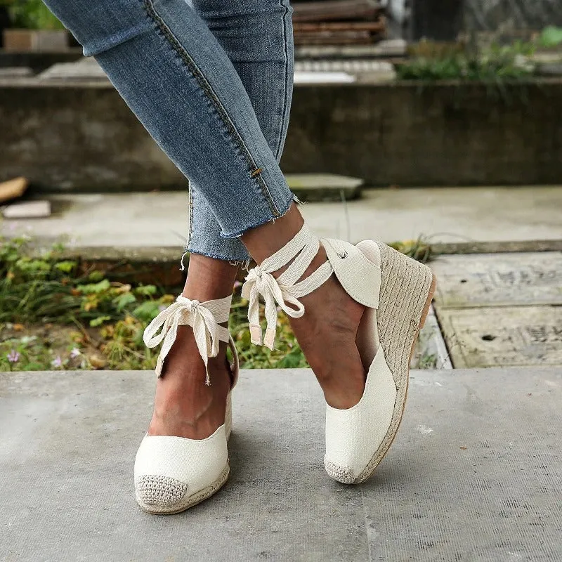 Tie-Up Lace Wedge Sandals with Espadrille Heel