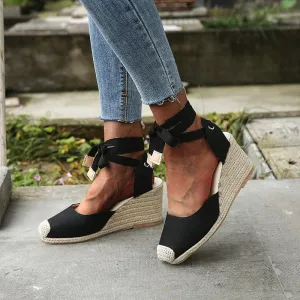 Tie-Up Lace Wedge Sandals with Espadrille Heel
