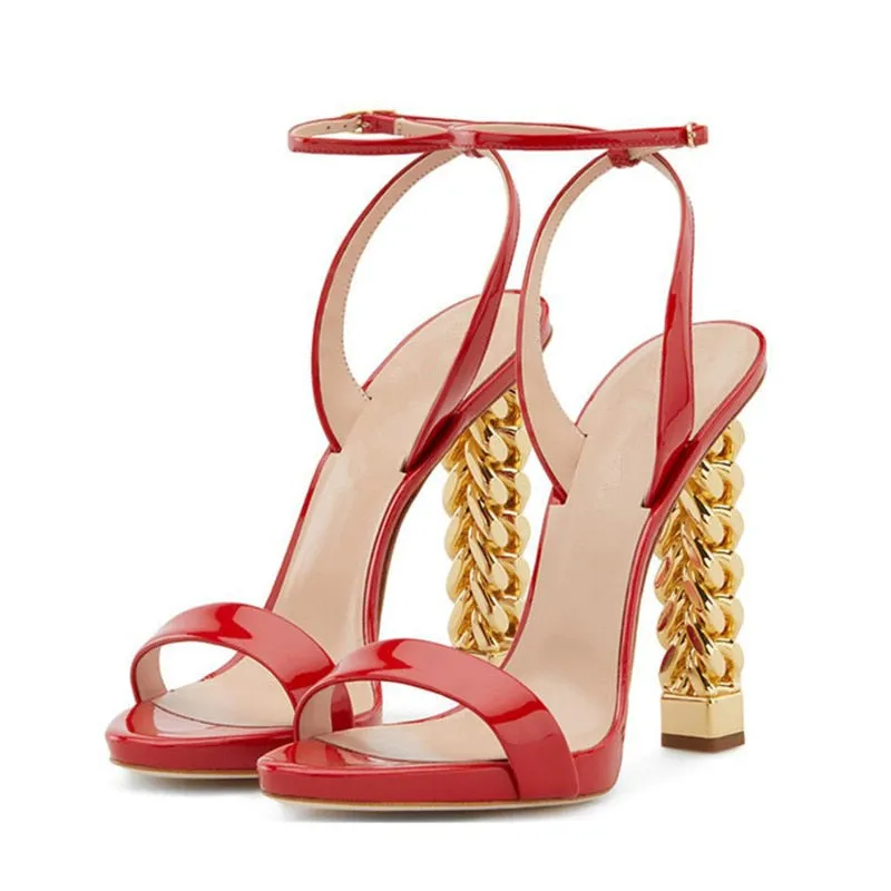 Unique Gold Metal Knitted High Heel Sandals Women One-strap Open Toe Patent Leather Strange Heel Summer Shoes Woman