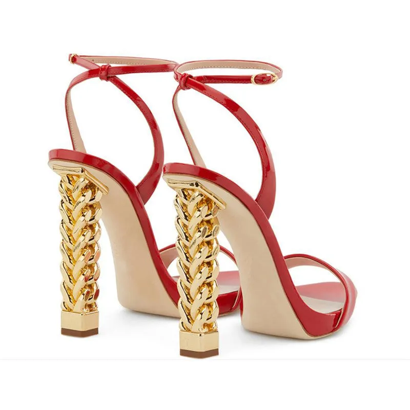 Unique Gold Metal Knitted High Heel Sandals Women One-strap Open Toe Patent Leather Strange Heel Summer Shoes Woman