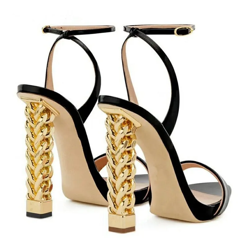 Unique Gold Metal Knitted High Heel Sandals Women One-strap Open Toe Patent Leather Strange Heel Summer Shoes Woman