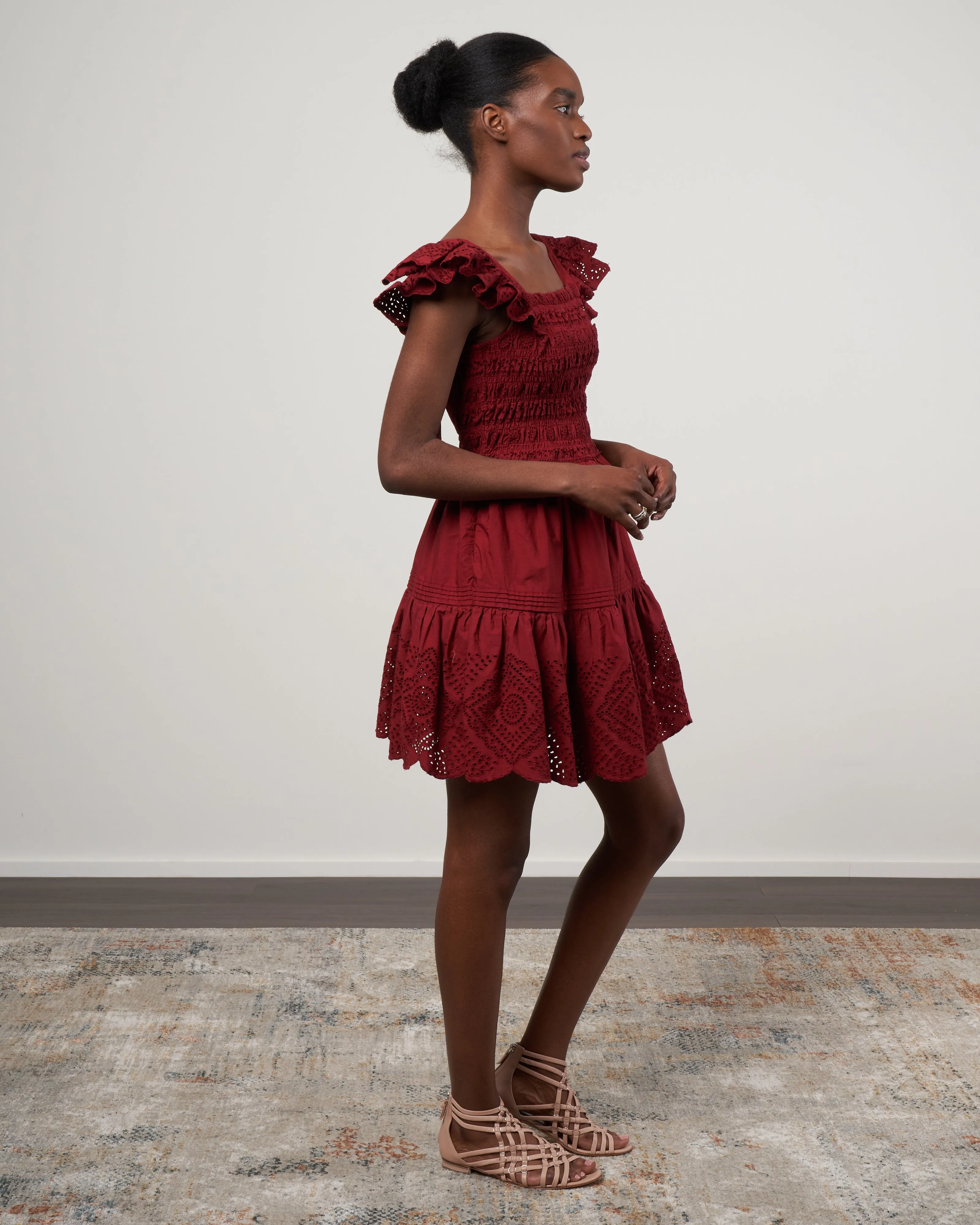 vienne eyelet flutter sleeve smocked dress - red