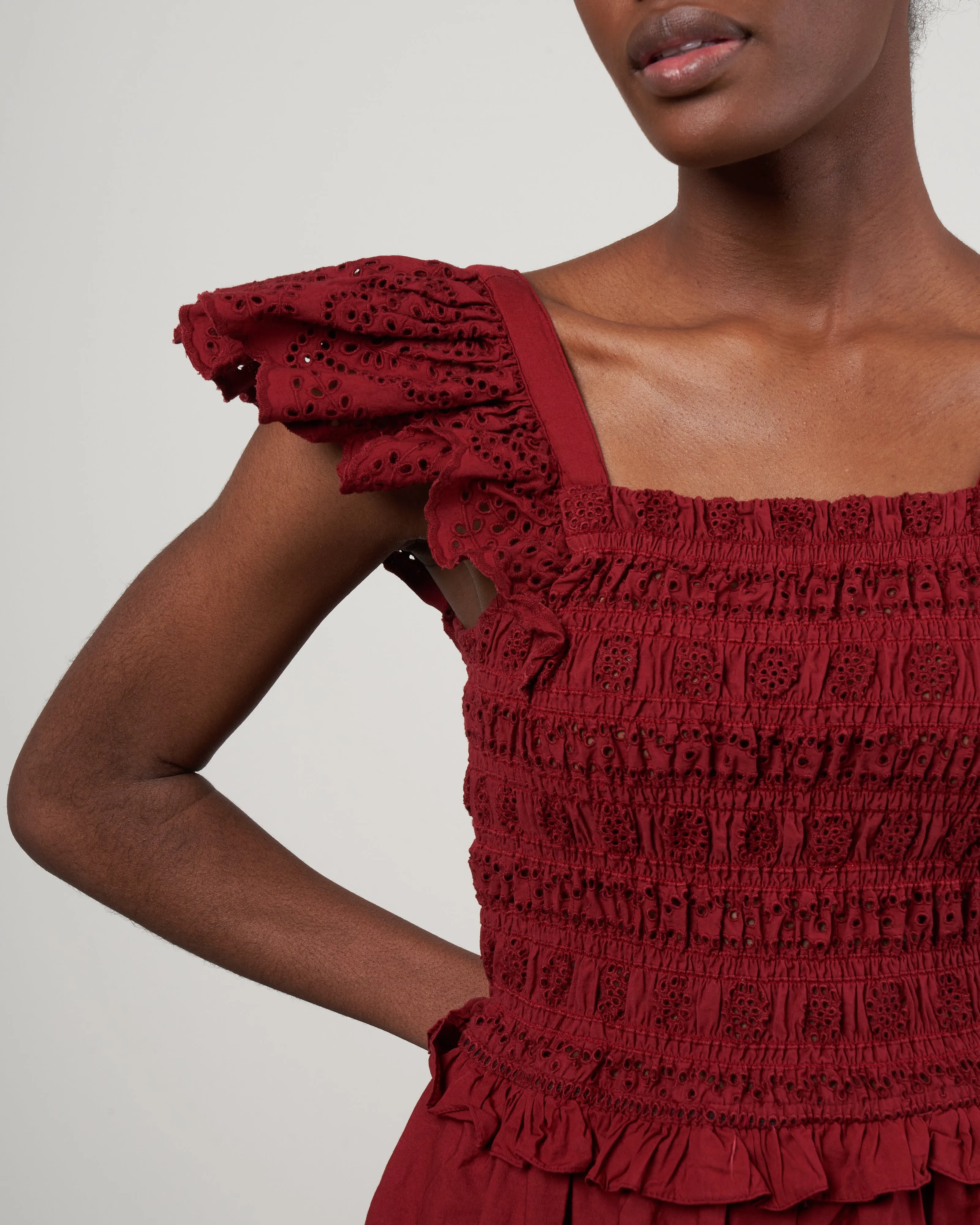 vienne eyelet flutter sleeve smocked dress - red