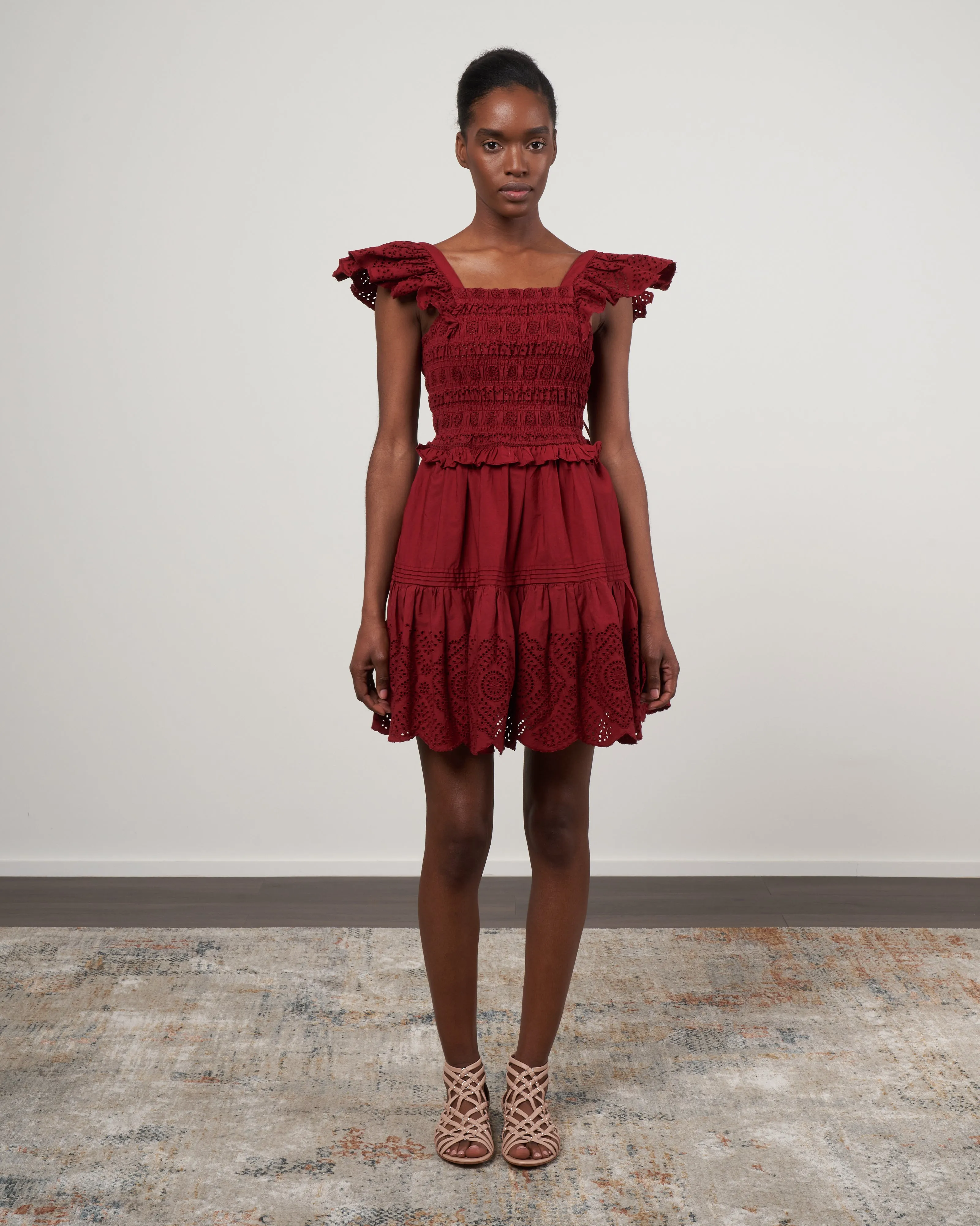 vienne eyelet flutter sleeve smocked dress - red