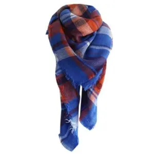 Vintage Checked Pattern Faux Wool Oversized Shawl Scarf - Blue