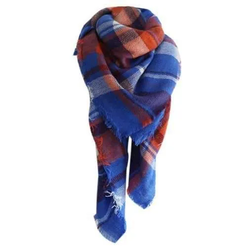 Vintage Checked Pattern Faux Wool Oversized Shawl Scarf - Blue