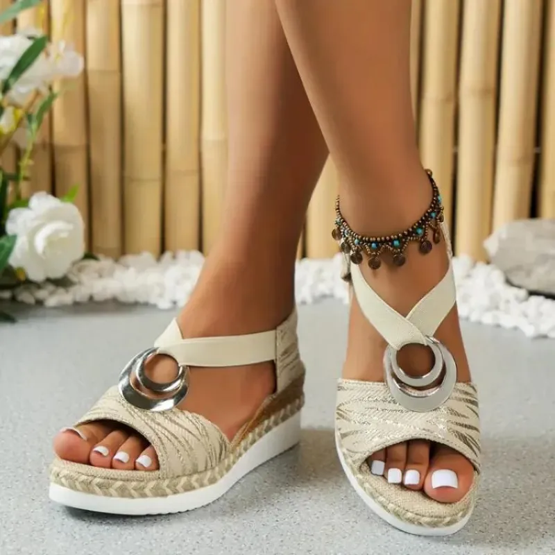 Wedge Sandals with Geometric Print and Metallic Detail