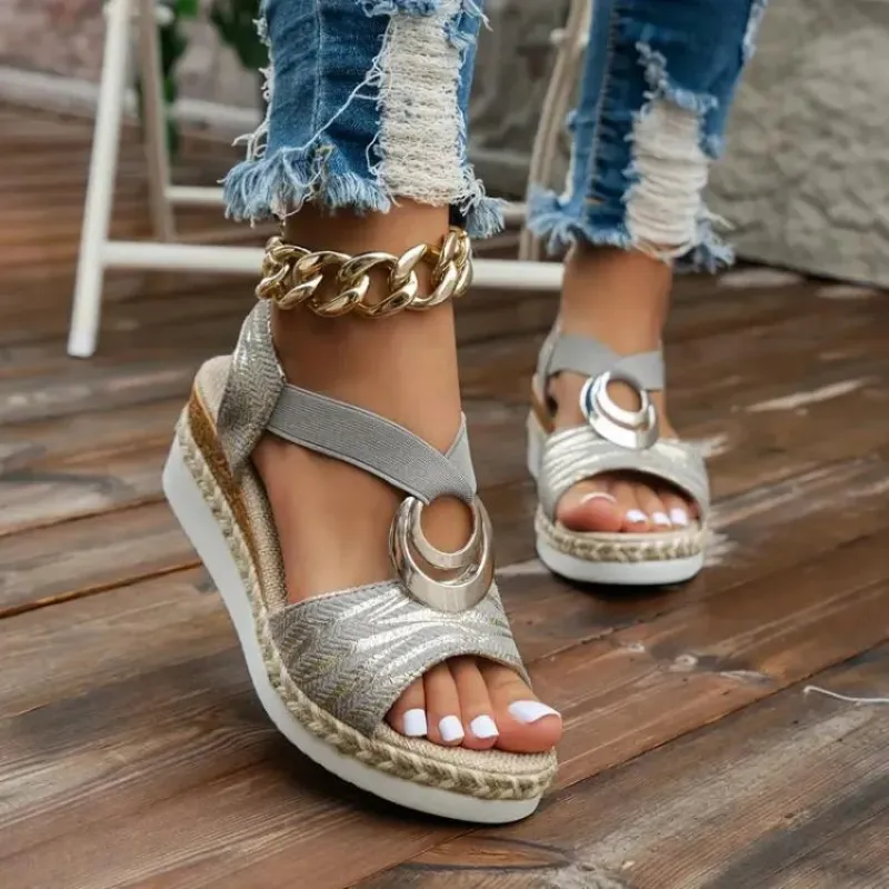 Wedge Sandals with Geometric Print and Metallic Detail