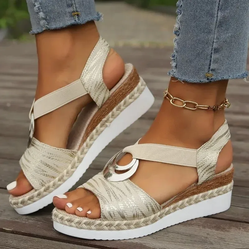 Wedge Sandals with Geometric Print and Metallic Detail