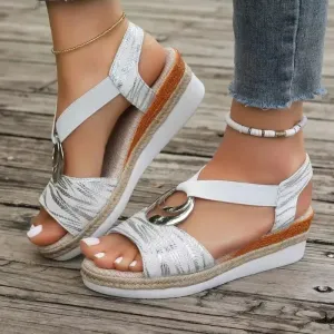 Wedge Sandals with Geometric Print and Metallic Detail