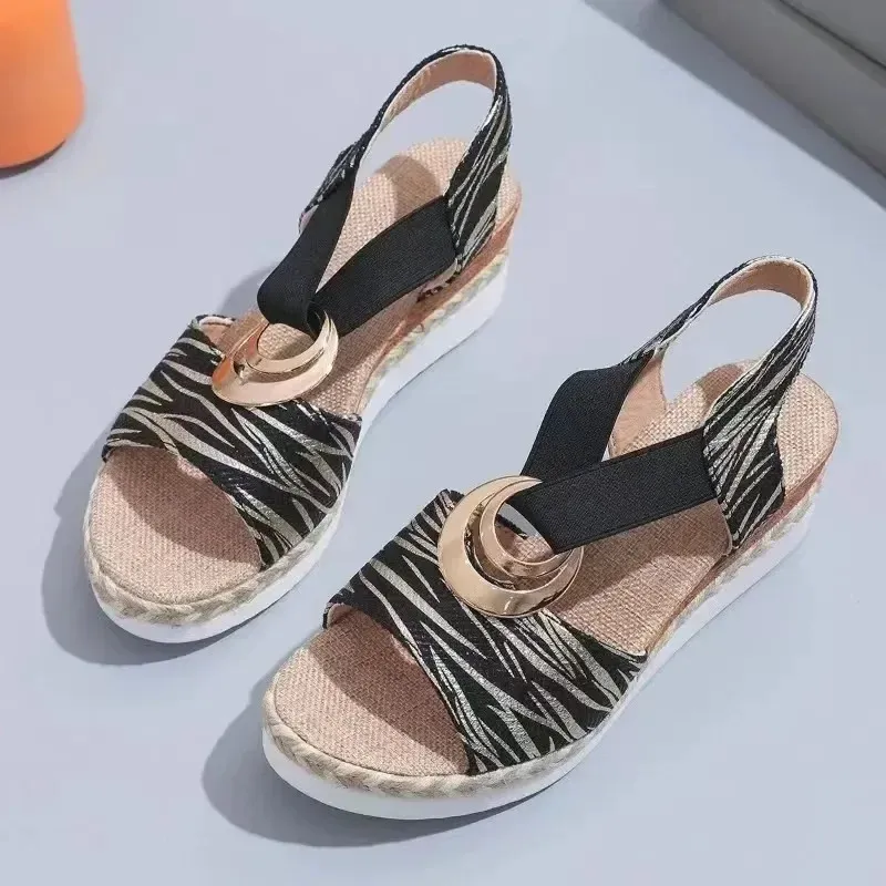 Wedge Sandals with Geometric Print and Metallic Detail