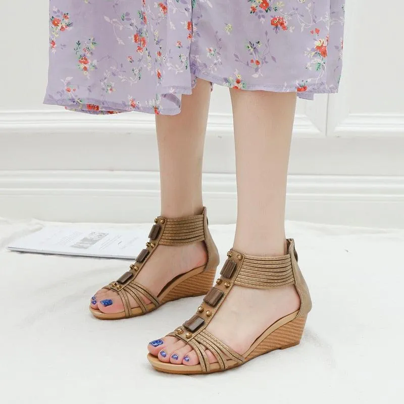 Wedges Sandals Mid Heels Comfortable Vintage Leather Plus Size Gladiator Sandals