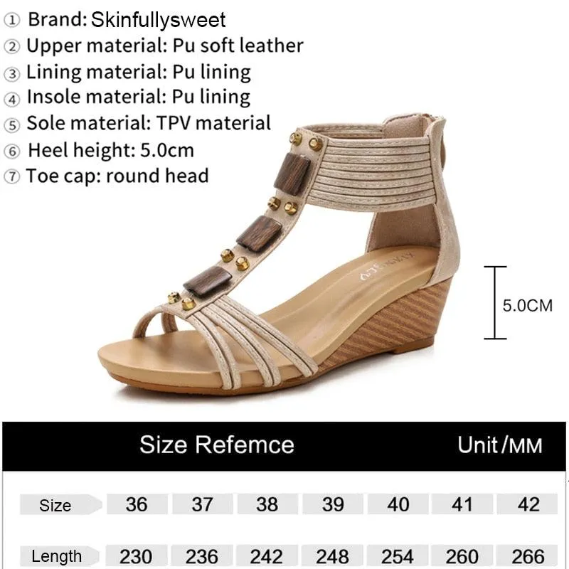 Wedges Sandals Mid Heels Comfortable Vintage Leather Plus Size Gladiator Sandals