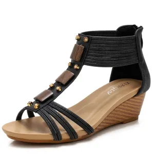 Wedges Sandals Mid Heels Comfortable Vintage Leather Plus Size Gladiator Sandals