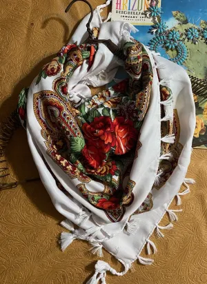 White Floral Tassel Scarf