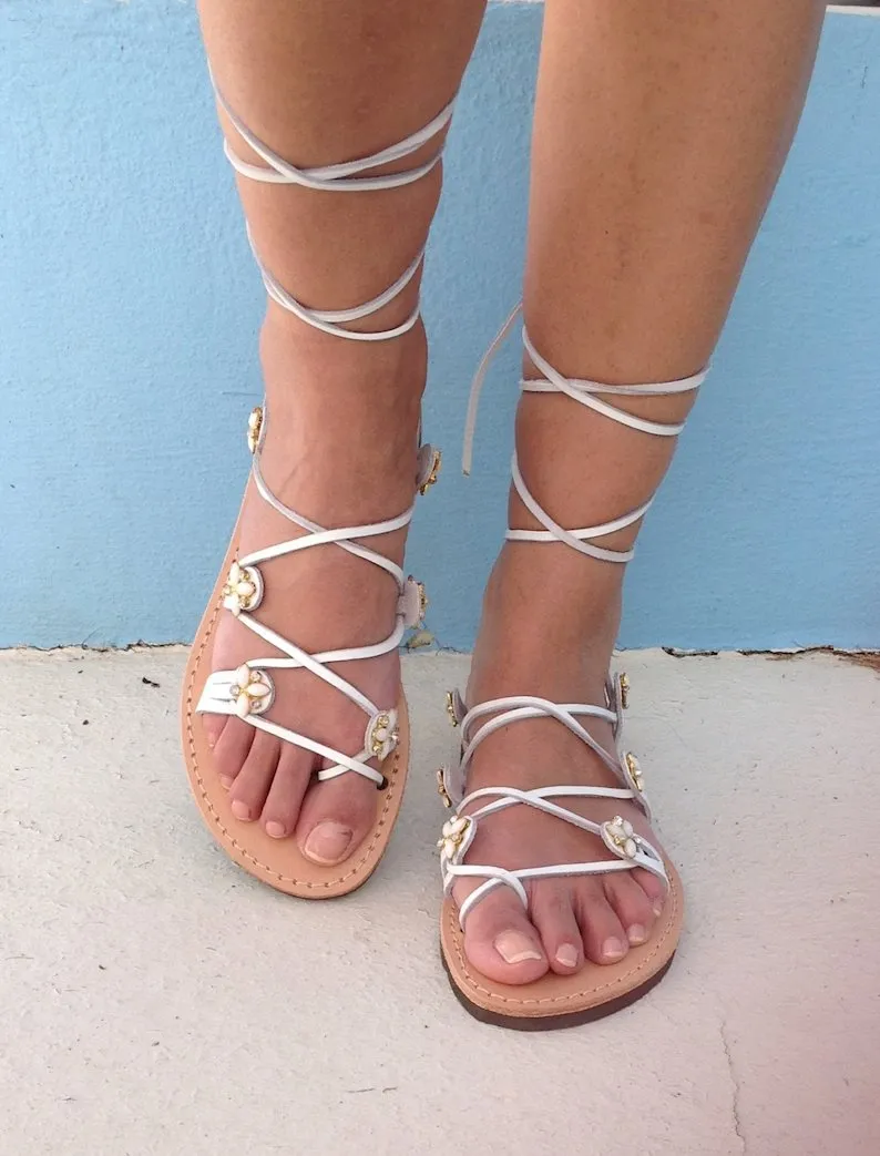 White Gladiator beach wedding sandals