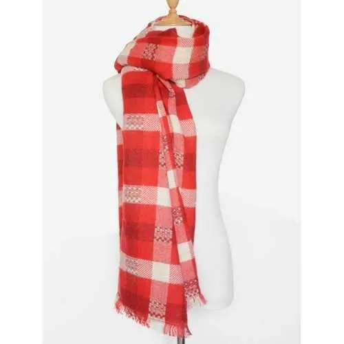 Winter Plaid Pattern Fringed Wrap Shawl Scarf - Red