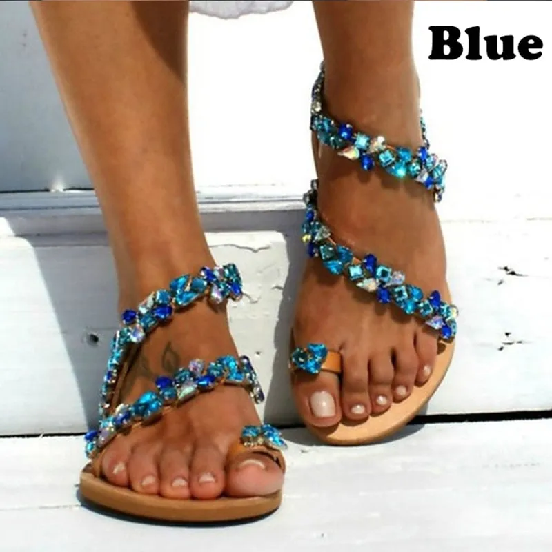 Woman Sandals 2021 Women Shoes Rhinestones Chains Thong Gladiator Flat Sandals Crystal Chaussure Plus Size 42 tenis feminino