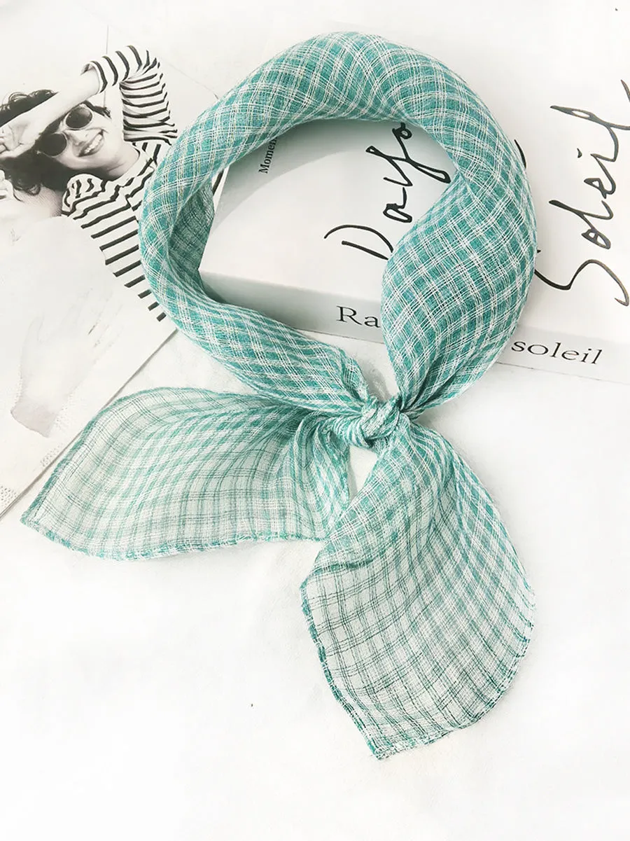 Women Artsy Plaid Linen Square Scarf