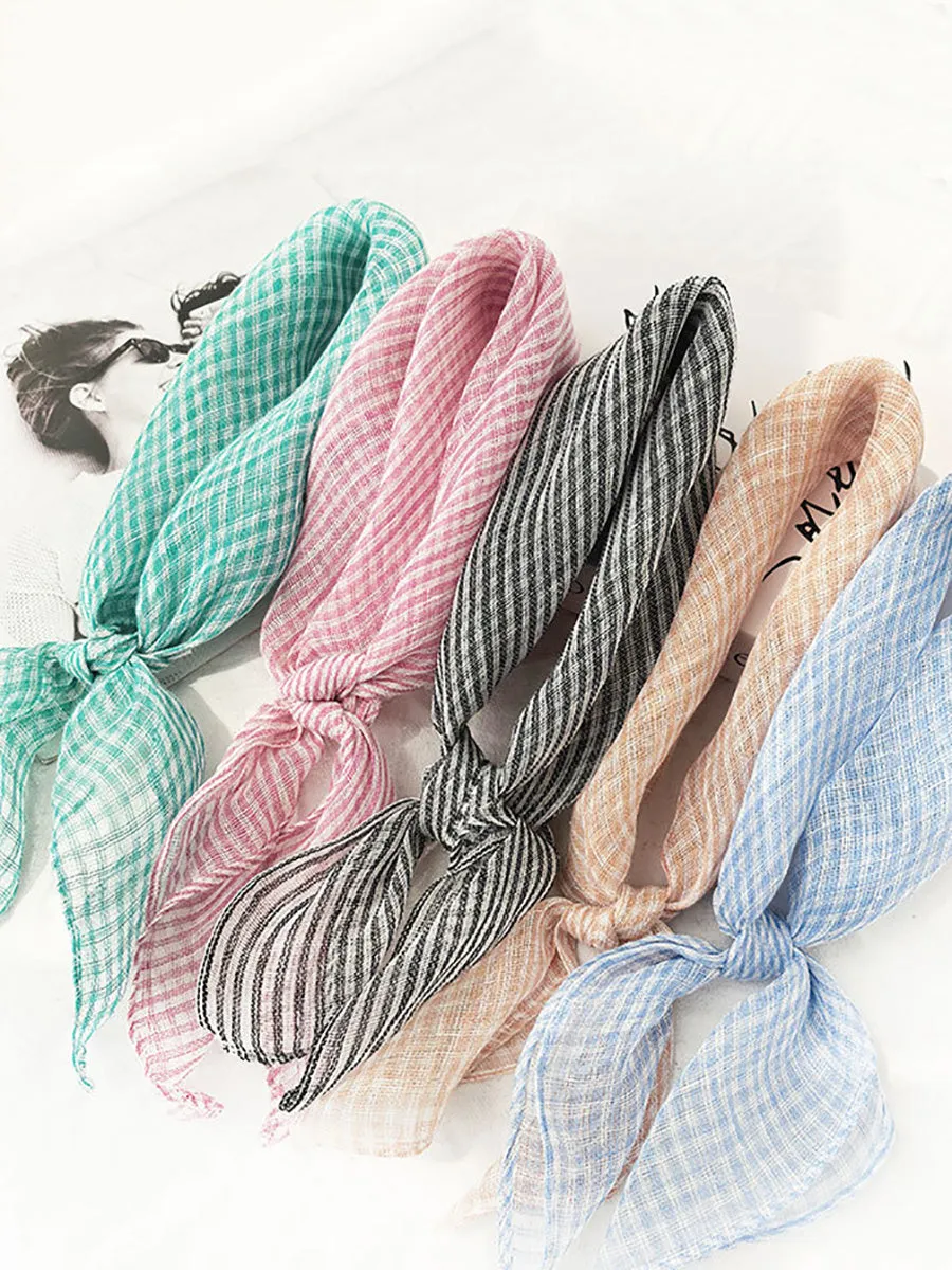 Women Artsy Plaid Linen Square Scarf