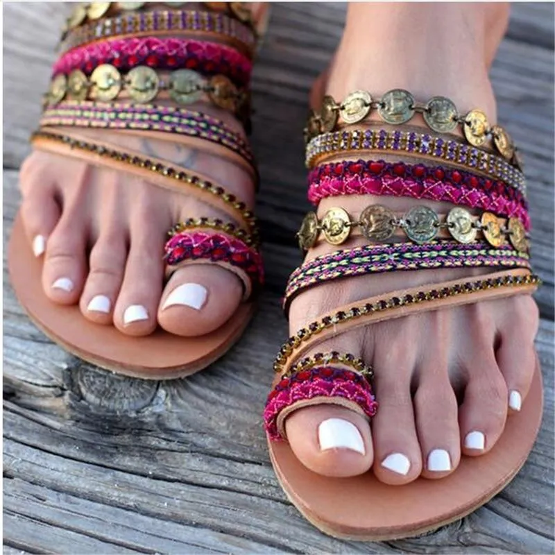 Women Flat Sandals Celebrity Bohemian Handmade Beaded Rhinestones Women's Shoes