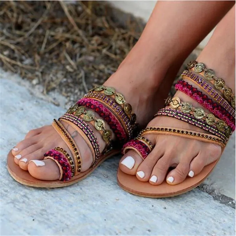 Women Flat Sandals Celebrity Bohemian Handmade Beaded Rhinestones Women's Shoes