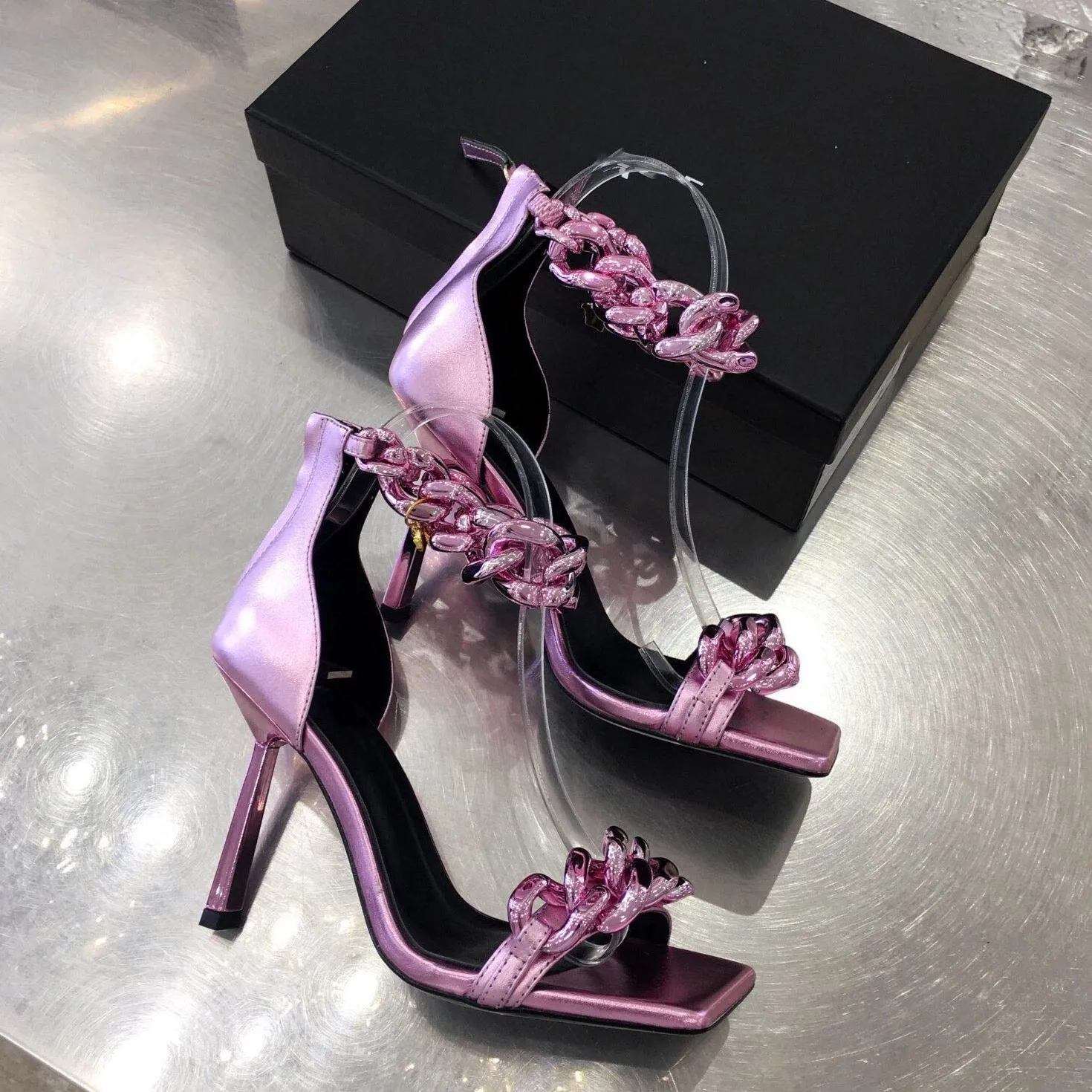 Women gold chain super high heel sandals