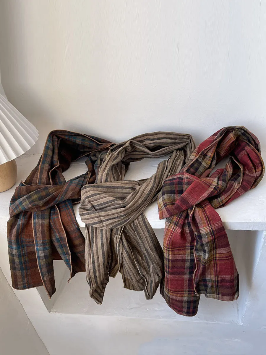 Women Retro Stripe Plaid Shawl Scarf