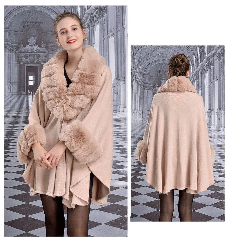 Women's Faux Fur Collar Cashmere Party Overcoat Fake Rabbit Fur Big Striped Collar Knitted Cardigan Cape
