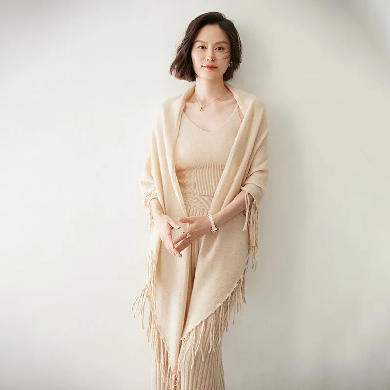 Women's Solid Cashmere Wrap Scarf With Tassels