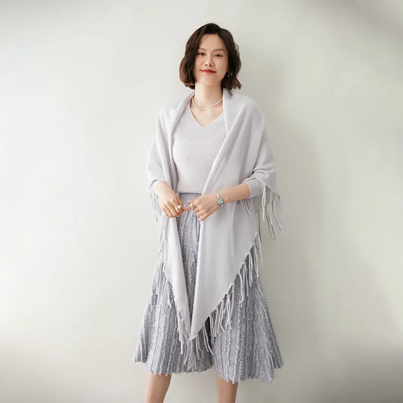 Women's Solid Cashmere Wrap Scarf With Tassels