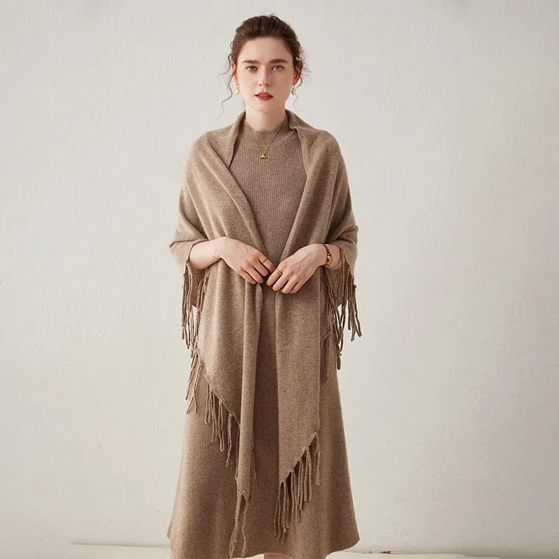 Women's Solid Cashmere Wrap Scarf With Tassels