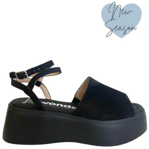 Wonders Black Nubuck Leather Ankle Strap Flatform Sole Sandals
