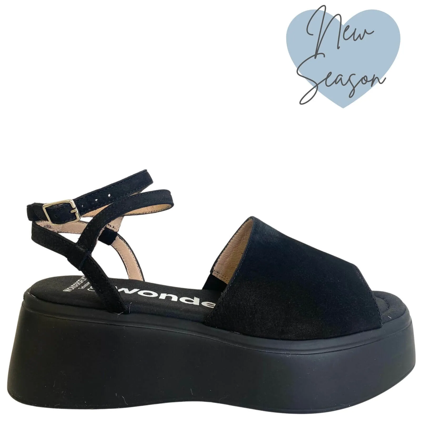 Wonders Black Nubuck Leather Ankle Strap Flatform Sole Sandals